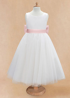 Azazie Kavi Flower Girl Dresses Ivory Powder Pink A-Line Bow Matte Satin Dress image7