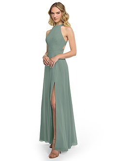 Azazie Clarice At-home Try On Dresses Agave A-Line Halter Chiffon Dress image2