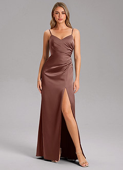 Azazie Azuree Bridesmaid Dresses Espresso A-Line Pleated Stretch Satin Dress image6