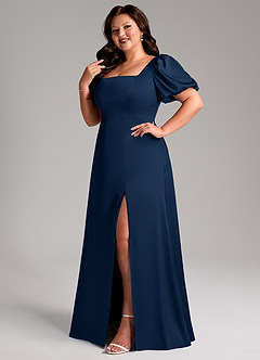 Azazie Fyona Vestidos de damas de honor Vestido de Azul Marino Oscuro de Satén Elástico de Corte en A con Plisado image12