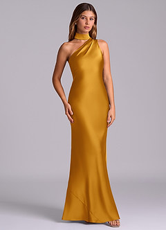 Azazie Seona Robes de demoiselle d'honneur Robe Sirène en Satin extensible Une épaule Caramel écossais image3