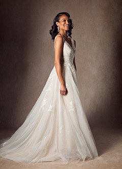 Azazie Joie Abiti da Sposa Abito A-Line in Tulle con Scollo a V e Paillettes Diamante Bianco Nudo image4