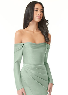 Azazie Hallie Bridesmaid Dresses Agave Sheath Off-The-Shoulder Long Sleeve Stretch Satin Convertible Dress image1