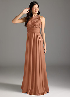Azazie Charlize Bridesmaid Dresses Bronzer A-Line One Shoulder Stretch Satin Dress image1