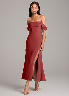 Azazie Saige Jurken voor bruidsmeisjes Converteerbaar Jurk van Chiffon met Kolom Off the Shoulder Roest image3