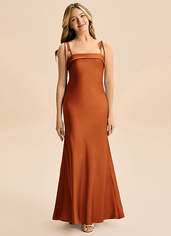 Azazie Willa Junior Vestido de Canela de Satén Elástico de Corte en A con Lazo image1