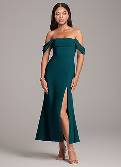 Azazie Saige Robes de demoiselle d'honneur Robe Fourreau Convertible en Mousseline de soie Épaule décolletée Vert Pin image1