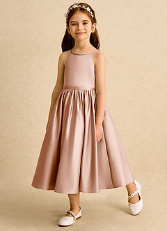 Azazie Indi vestidos de niña de las flores Vestido de Champán Rosado de Satin Mate de Corte En A con Lazo image3