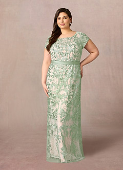 Azazie Dorit Mother of the Bride Dresses Dusty Sage Champagne Sheath Scoop Lace Dress image7