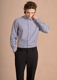 Aiden White Navy Blue 100% Cotton Non-Iron Striped Dress Shirt