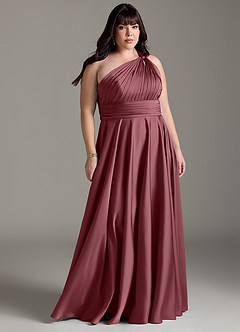 Azazie Charlize Bridesmaid Dresses Desert Rose A-Line One Shoulder Stretch Satin Dress image9