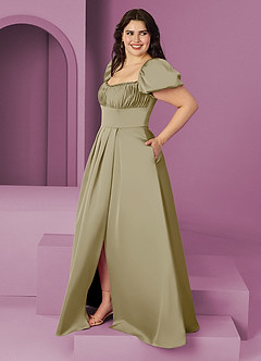 Barbie ♥ Azazie Bridesmaid Dresses Moss Green A-Line Ruched Stretch Satin Dress image9