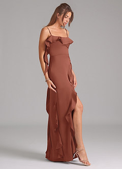 Azazie Malia Bridesmaid Dresses Auburn A-Line Side Slit Stretch Satin Dress image5