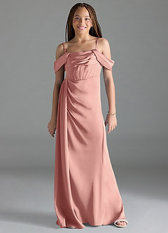 Azazie Amyra Junior Rosette Sheath Off the Shoulder Stretch Satin Dress image1