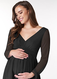 Azazie Teton1 vestidos de dama de honor de maternidad Vestido de Acampanado Manga larga Largo hasta el piso Stretch Satin image5