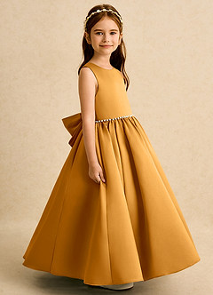 Azazie Daisies Flower Girl Dresses Butterscotch Ball-Gown Bow Matte Satin Dress image6