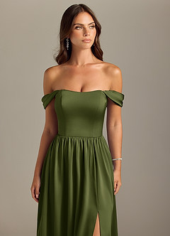 Azazie Calianna Bridesmaid Dresses Olive A-Line Off the Shoulder Stretch Satin Convertible Dress image4