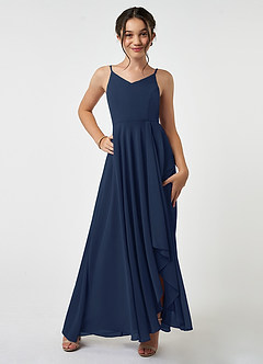 Azazie Collette Junior A-Linie Gestreift Chiffon Kleid Dunkelmarine image1