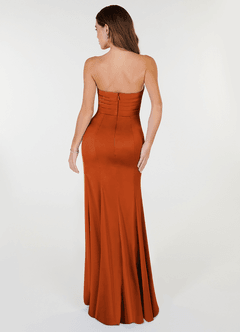 Azazie Yola Bridesmaid Dresses Burnt Orange Sheath V-Neck Pleated Stretch Satin Convertible Dress image5