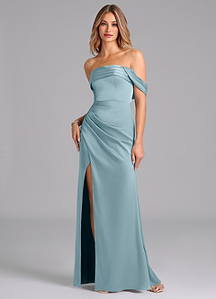 Azazie Lisbeth Vestidos de damas de honor Vestido de Azul Malhumorado de Satén Elástico de Corte Sirena Convertible con Vestidos sin tirantes image1