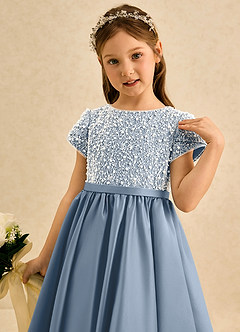 Azazie Cashew Blumenmädchenkleider Ballkleid mit ärmel Matte Satin Kleid Staubblau image6
