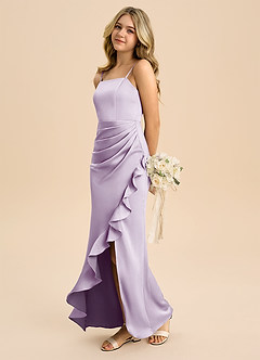 Azazie Buzzy Junior Vestido de Lila Esmerilada de Satén Elástico de Corte Recto con Plisado image6