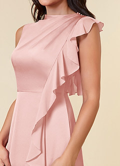 Azazie Narine Mother of the Bride Dresses Powder Pink A-Line High Neckline Pleated Stretch Satin Dress image4