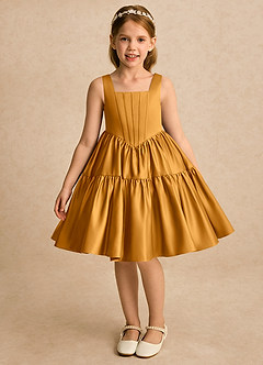 Azazie Myla Blumenmädchenkleider A-Linie Plissee Matte Satin Kleid Butterscotch image3