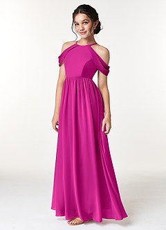 Azazie Seneca Junior Fuchsia A-Line Off the Shoulder Chiffon Dress image5