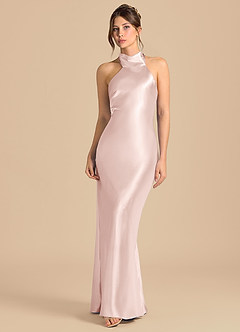 Azazie Velli 신부 들러리 드레스 쉬스 하이넥 메탈릭 새틴 바닥 길이 드레스 image4