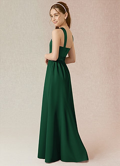 Azazie Jiya Junior Dark Green A-Line Pleated Stretch Satin Dress image3