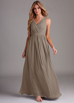 Azazie Kingsley Bridesmaid Dresses Taupe A-Line Lace Chiffon Dress image3