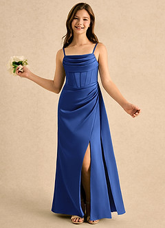 Azazie Lexy Girls Formal Flower Girl Dresses Royal Blue A-Line Pleated Stretch Satin Dress image4