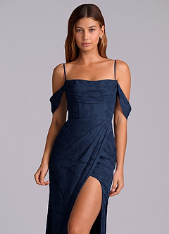 Azazie Johana Bridesmaid Dresses Dark Navy Mermaid Off the Shoulder Floral Burnout Convertible Dress image2