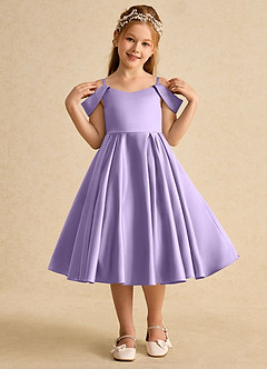 Azazie Favia Blumenmädchenkleider A-Linie Schulterfrei Matte Satin Kleid Flieder image4