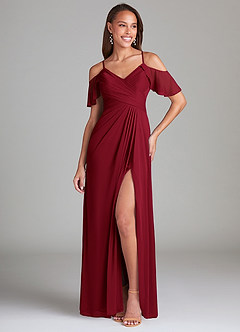 Azazie Dakota Bridesmaid Dresses Burgundy A-Line Off the Shoulder Mesh Dress image1