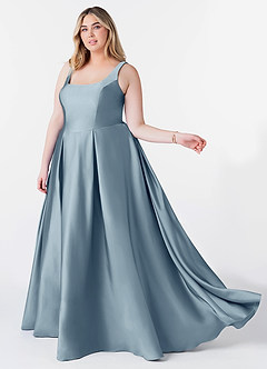 Azazie Neve Vestidos de damas de honor Vestido de Azul Polvoriento de Satén Elástico de Corte Princesa con Con bolsillos image9