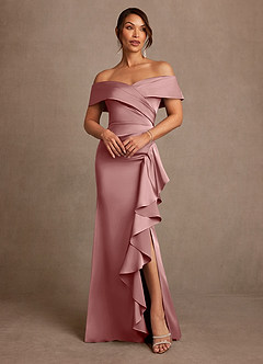 Azazie Kirsty Vestidos para mãe da noiva Vestido Rosa Empoeirada de Cetim elástico de Bainha com Fora do ombro image1