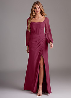 Azazie Charissa Bridesmaid Dresses Mulberry Sheath Long Sleeve Chiffon Dress image3