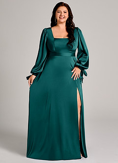 Azazie Leonia Brautjungfernkleider A-Linie Langarm Stretch-Satin Kleid Pfau image11