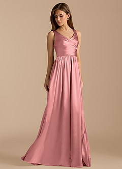Azazie Keyla At-home Try On Dresses Auburn A-Line Pleated Metallic Satin Dress image4