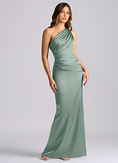 Azazie Akilah Bridesmaid Dresses Silver Sage Mermaid One Shoulder Stretch Satin Dress image1