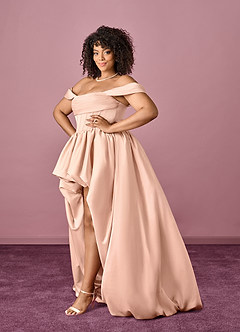 Barbie ♥ Azazie Wedding Dresses English Rose Ball-Gown Off the Shoulder Stretch Satin Dress image8