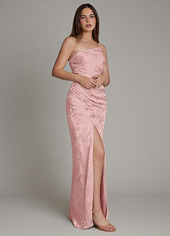 Azazie Mishka Probar vestidos en casa Vestido de Jacquard De Rosas de Jacquard Floral de Corte Recto con Hombro unilateral image4