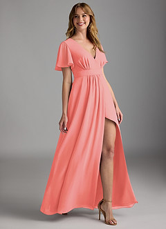 Azazie Zaniah Bridesmaid Dresses Coral A-Line Chiffon Dress image3