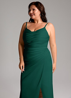 Azazie Deandra Bridesmaid Dresses Emerald Mermaid Pleated Stretch Satin Dress image12