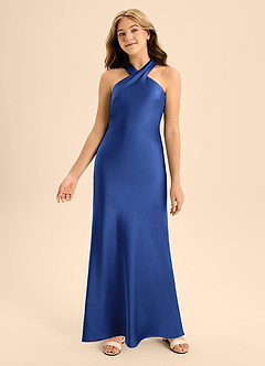 Azazie Doretta Junior Vestido de Azul Real de Satén Elástico de Corte En A con Plisado image4