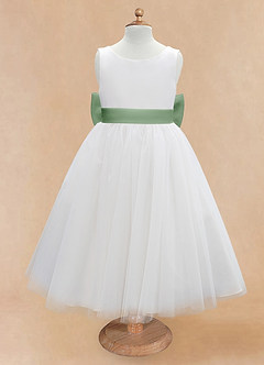 Azazie Kavi Flower Girl Dresses Ivory Matcha A-Line Bow Matte Satin Dress image7
