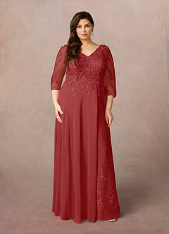 Azazie Noella Mère de la mariée Robes Robe Trapèze en Mousseline de soie Col V Dentelle Rouille image9