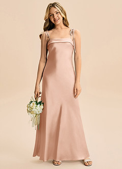 Azazie Willa Junior Vestido de Oro Rosa de Satén Elástico de Corte en A con Lazo image4